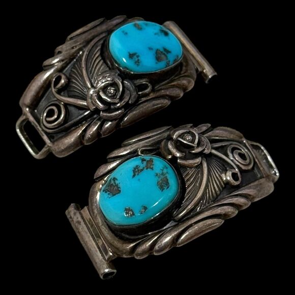 Vintage Native Signed Turquoise Sterling Watch Tips - Picture 1 of 5